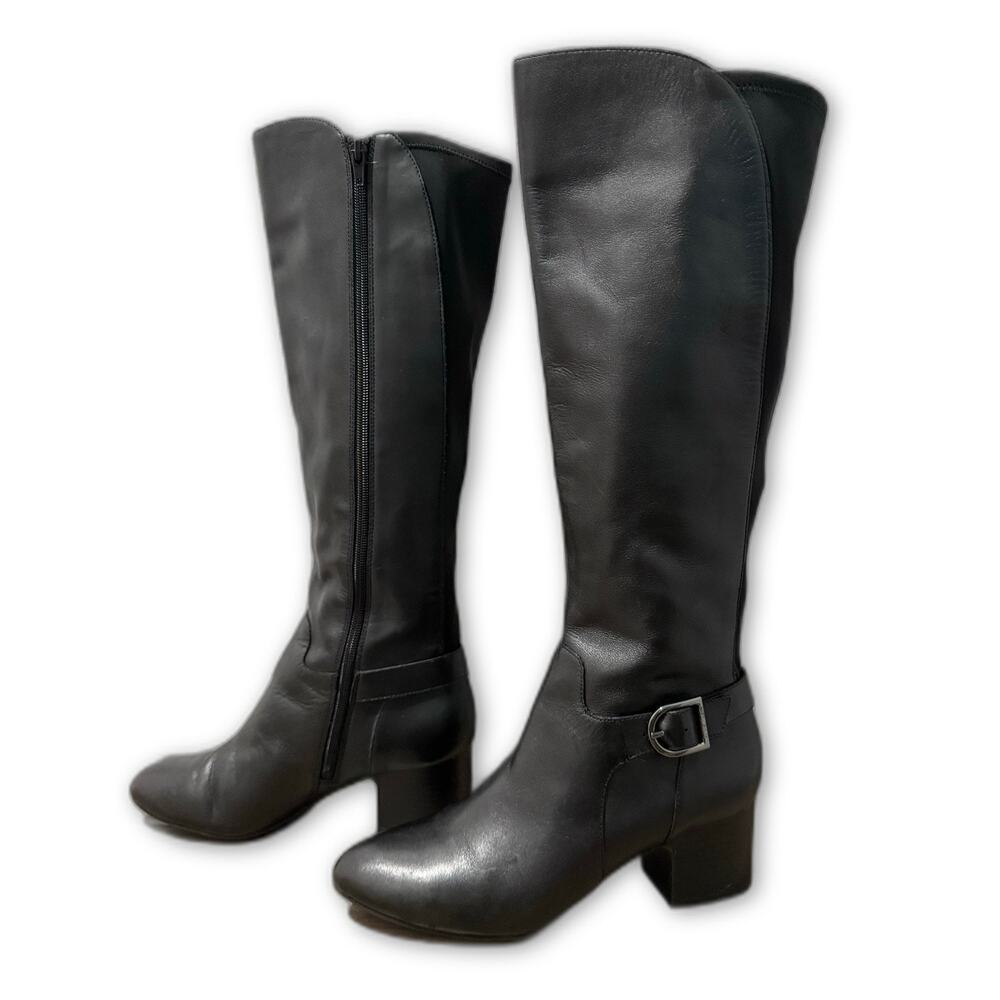 Anne Klein Womens Faux Suede Block Heel Knee-High Boots Black 8 Medium (B,M)